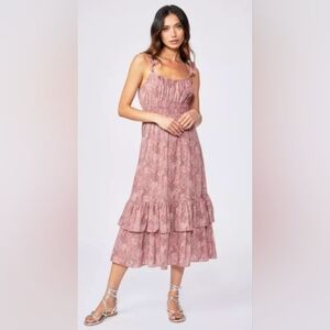 Paige Gisela Floral Tiered Midi Dress in Pink Muted Brick Multi L Prairie